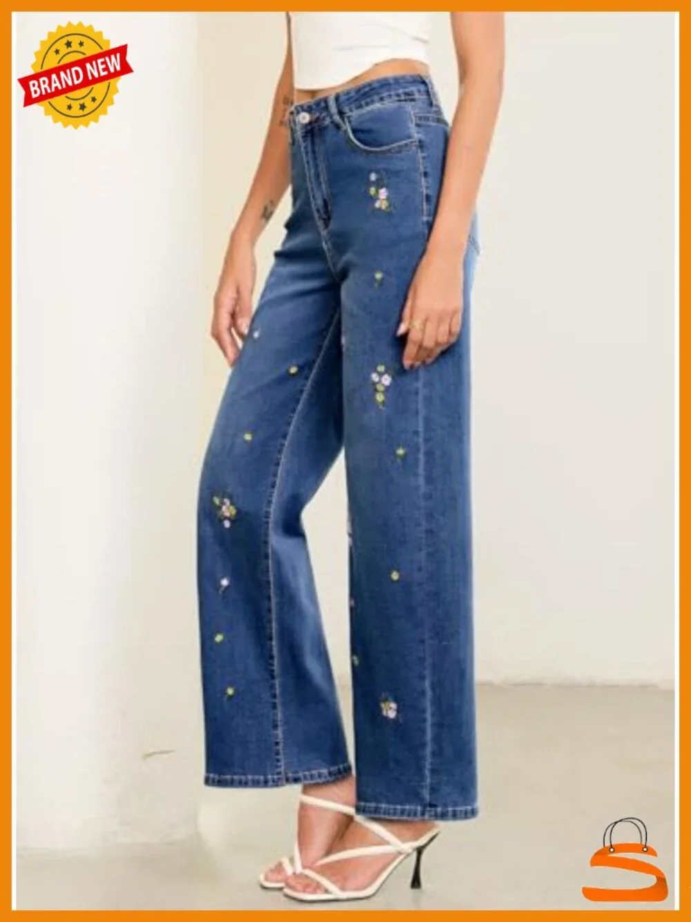 High Waisted Straight Wide Leg Embroidered Jeans